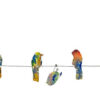 brightly colored birds on a wire painting with one hanging upside down