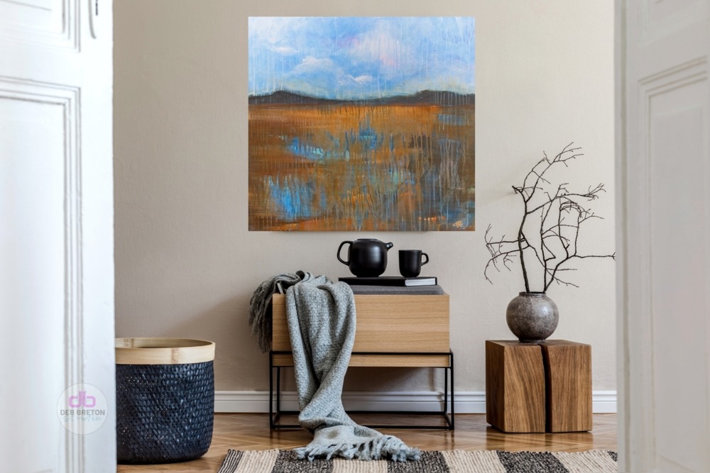 In situ - in living area Peaceful Flow original Landscape/seascape abstract painting with drips.