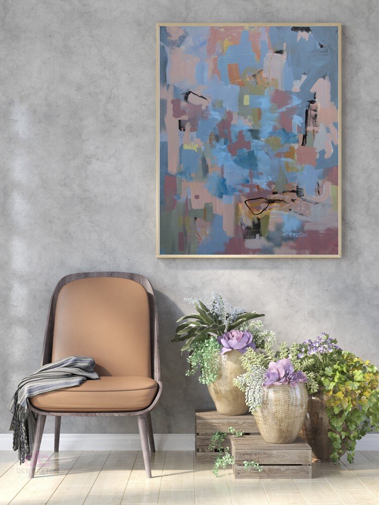 Beautiful original painting of a modern abstract in blue and green colors, hanging in a foyer area