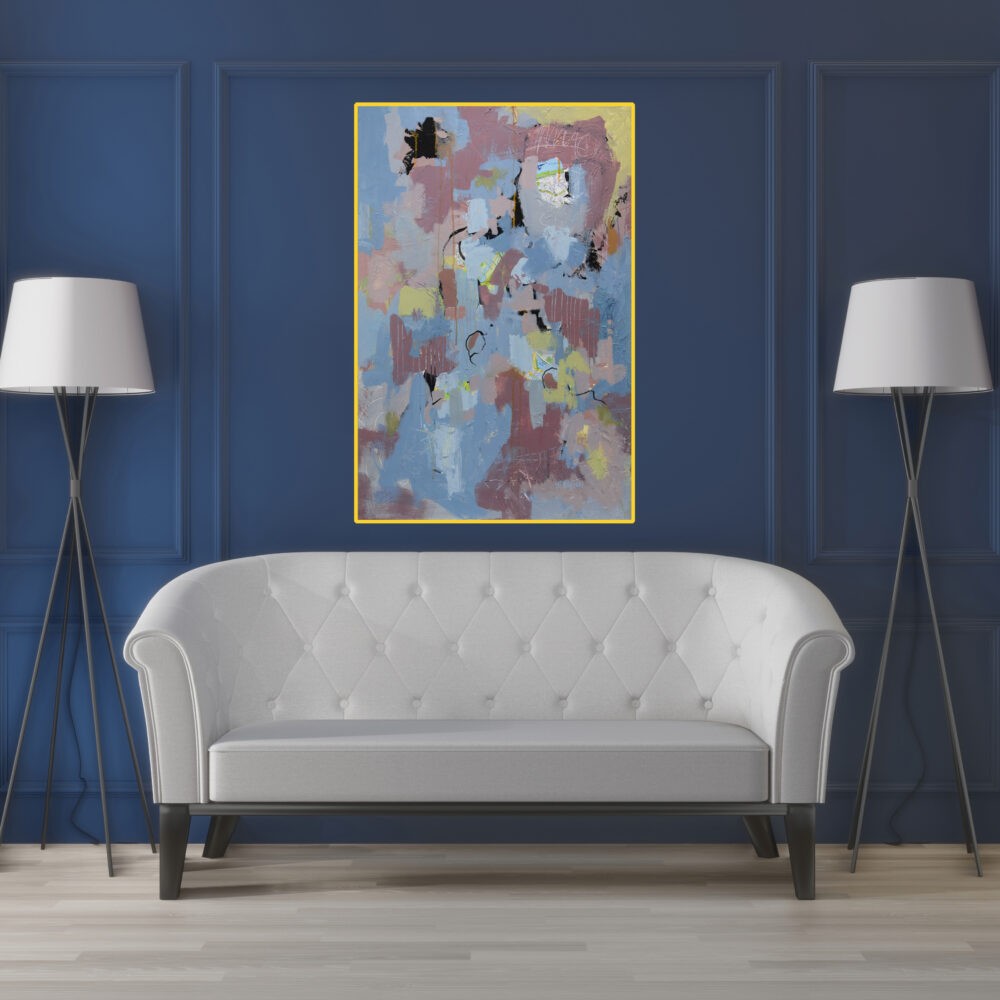 Beautiful original painting of a modern abstract in blue and green colors, hanging in a living room