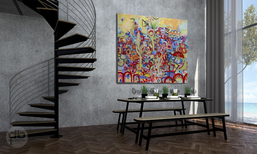 extra large painting in modern dining area